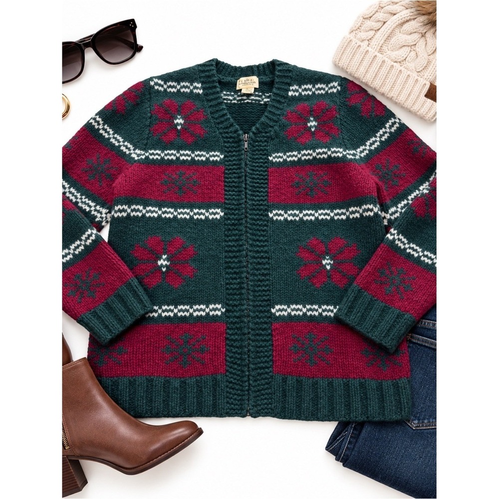 Limited America Lambswool Nordic Fair Isle Zip Cardigan Sweater Green Red Sz S